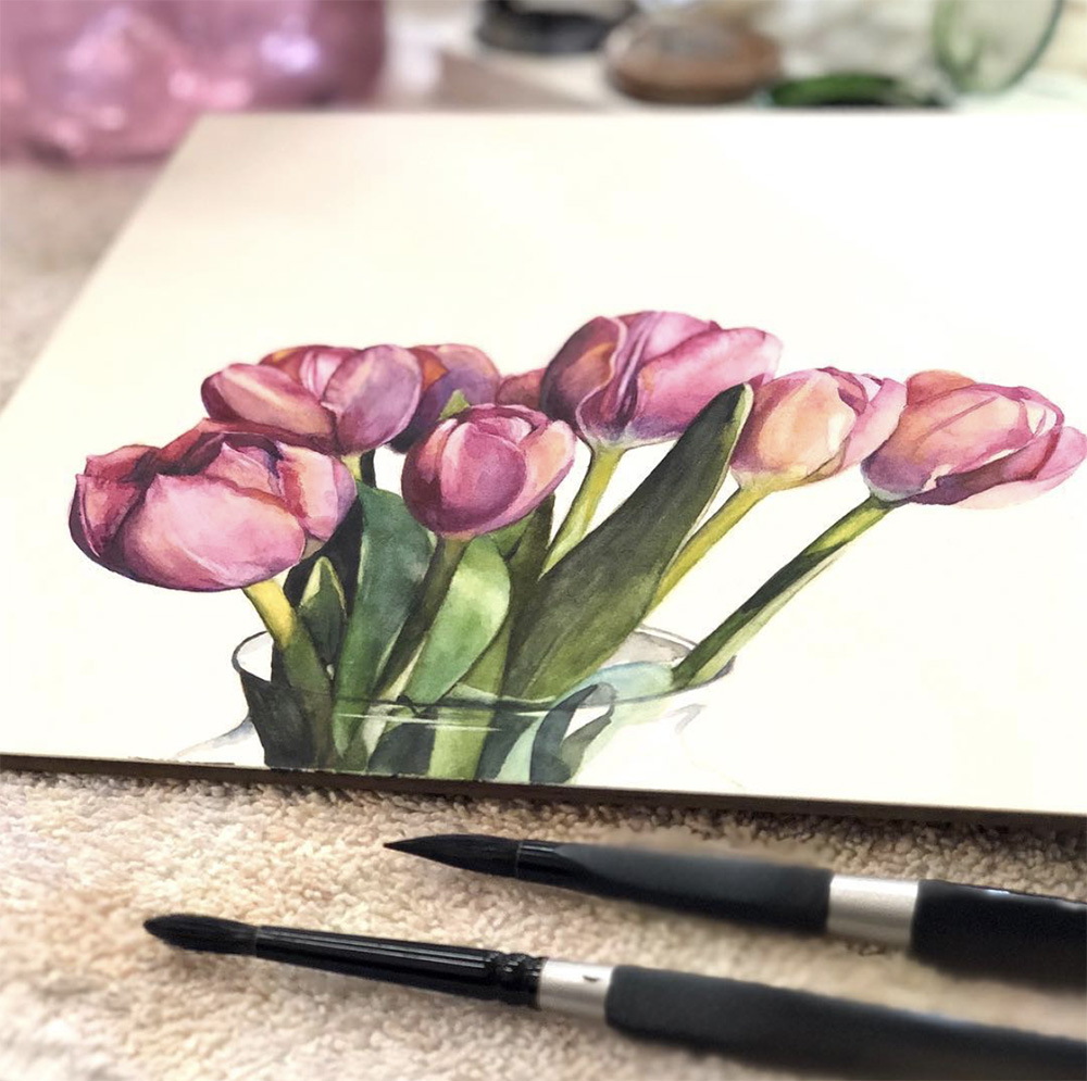 Hallie's Tulips, 8x8, watercolor on Aquabord